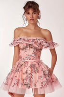 Load image into Gallery viewer, Sparkly Pink Floral A Line Tulle Short Homecoming Dress with Ruffles