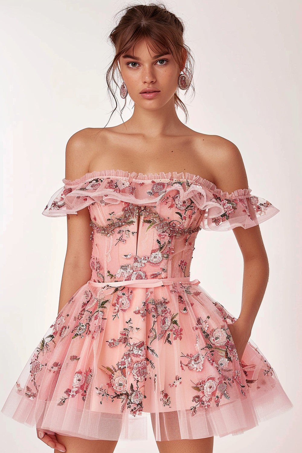 Sparkly Pink Floral A Line Tulle Short Homecoming Dress with Ruffles