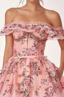 Load image into Gallery viewer, Sparkly Pink Floral A Line Tulle Short Homecoming Dress with Ruffles