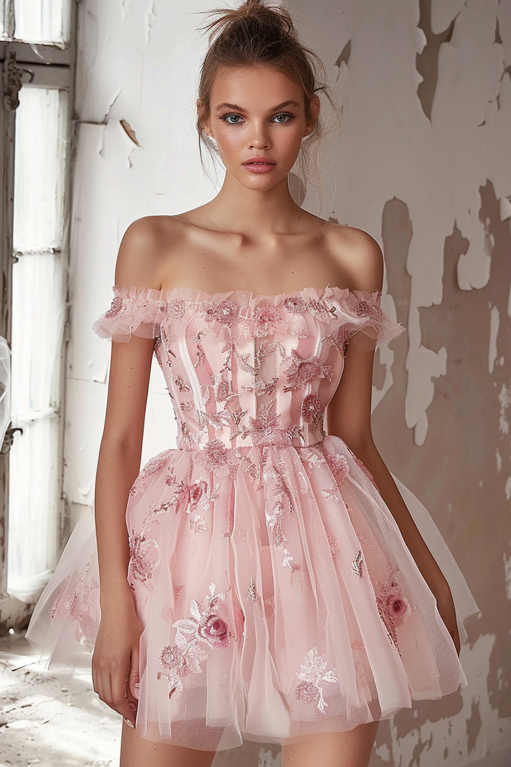 Pink Floral Corset Tulle Short Homecoming Dress with Ruffles