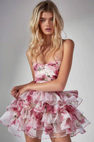 Load image into Gallery viewer, Pink Floral Tiered Strapless Ruched Short Homecoming Dress with Ruffles