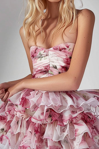 Pink Floral Tiered Strapless Ruched Short Homecoming Dress with Ruffles