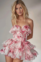 Load image into Gallery viewer, Pink Floral Tiered Strapless Short Homecoming Dress with Ruffles