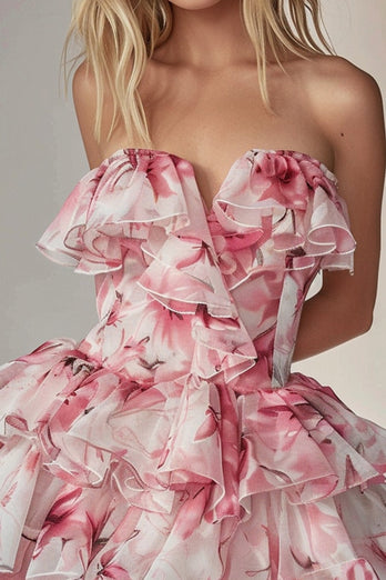 Pink Floral Tiered Strapless Short Homecoming Dress with Ruffles