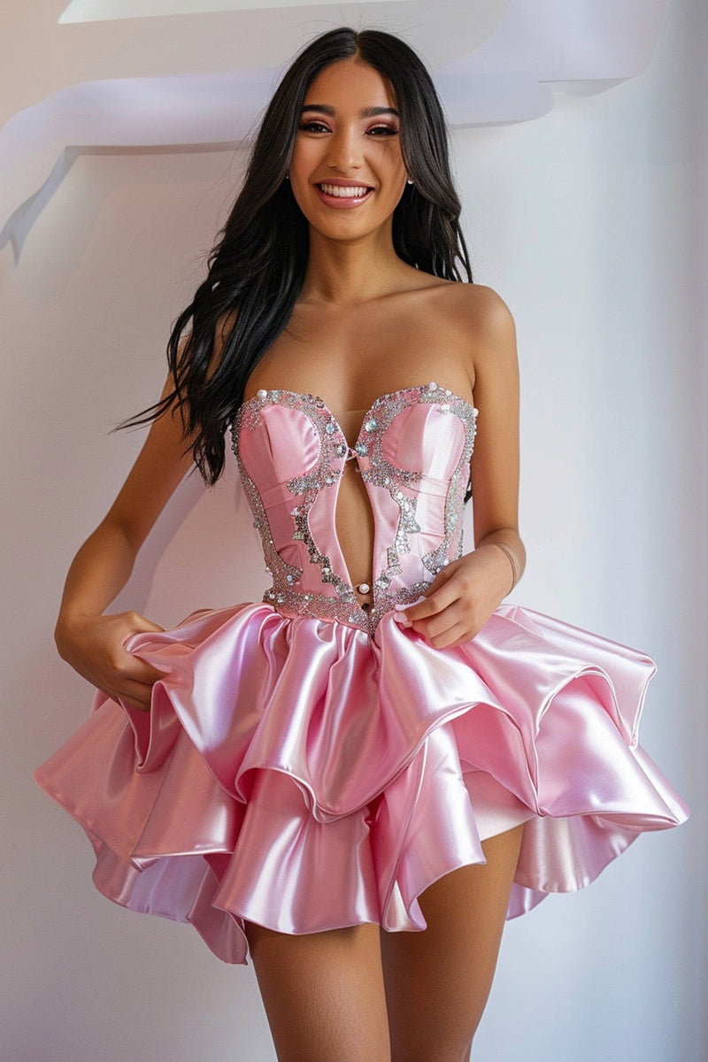 Load image into Gallery viewer, Sparkly Pink Strapless Ruffled Short Homecoming Dress with Pearls