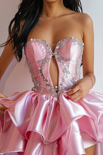 Sparkly Pink Strapless Ruffled Short Homecoming Dress with Pearls