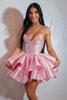 Load image into Gallery viewer, Sparkly Pink Satin Strapless Ruffled Short Homecoming Dress with Beading