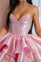 Load image into Gallery viewer, Sparkly Pink Satin Strapless Ruffled Short Homecoming Dress with Beading