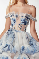 Load image into Gallery viewer, Sparkly White and Blue Floral Corset Short Homecoming Dress with Ruffles