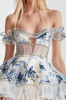 Load image into Gallery viewer, Sparkly White and Blue Floral Corset Short Homecoming Dress with Keyhole