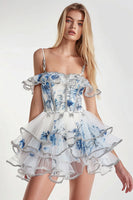 Load image into Gallery viewer, Sparkly White and Blue Floral Short Corset Homecoming Dress with Ruffles