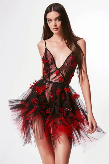Sparkly Black and Red Floral Corset Short Homecoming Dress with Ruffles