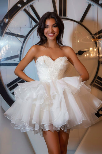 Sparkly White Sweetheart Ruffled Short Homecoming Dress with Sequins