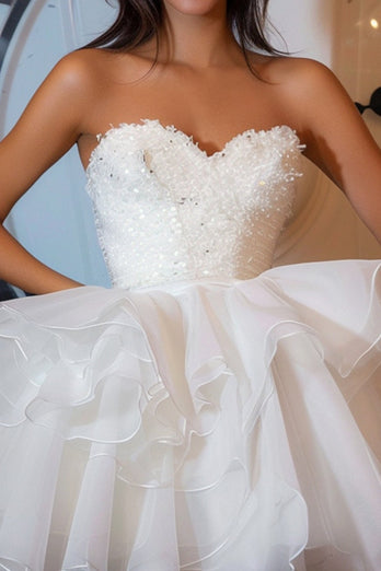 Sparkly White Sweetheart Ruffled Short Homecoming Dress with Sequins