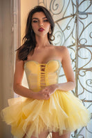 Load image into Gallery viewer, Sparkly Yellow Lace Up Front Strapless Short Homecoming Dress with Ruffles