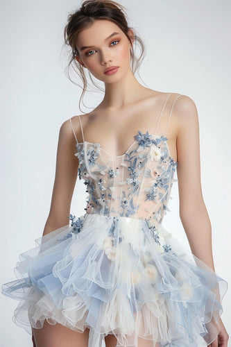 Sparkly White and Blue Floral Short Ruffled Homecoming Dress with Beading
