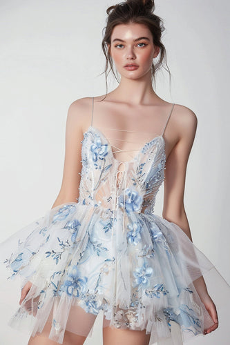 Sparkly White and Blue Floral Ruffled Lace Up Front Short Homecoming Dress