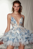 Load image into Gallery viewer, Sparkly White and Blue Floral Deep V-Neck Ruffled Short Homecoming Dress