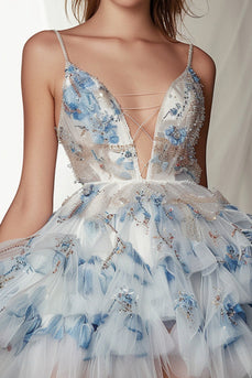 Sparkly White and Blue Floral Deep V-Neck Ruffled Short Homecoming Dress