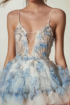 Sparkly White and Blue Ruffled Floral Short Homecoming Dress with Beading