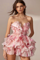 Load image into Gallery viewer, Strapless Pink Floral Tiered Short Homecoming Dress with Ruffles