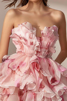 Load image into Gallery viewer, Strapless Pink Floral Tiered Short Homecoming Dress with Ruffles