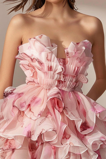 Strapless Pink Floral Tiered Short Homecoming Dress with Ruffles