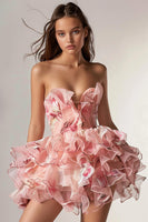 Load image into Gallery viewer, Floral Pink Lace Up Front Strapless Short Homecoming Dress with Ruffles