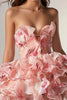 Load image into Gallery viewer, Floral Pink Lace Up Front Strapless Short Homecoming Dress with Ruffles
