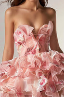 Load image into Gallery viewer, Floral Pink Lace Up Front Strapless Short Homecoming Dress with Ruffles