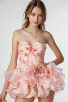 Load image into Gallery viewer, Pink Floral Sweetheart Ruched Short Homecoming Dress with Ruffles