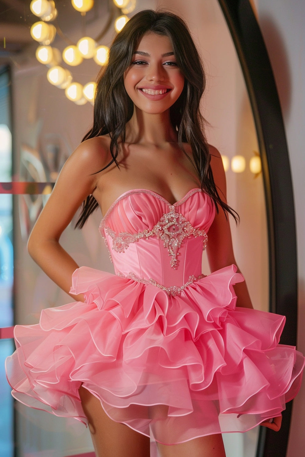 Sparkly Hot Pink Corset Short Sweetheart Homecoming Dress with Ruffles