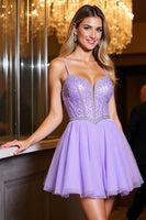 Load image into Gallery viewer, Sparkly Purple A Line Short Tulle Homecoming Dress with Beading