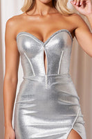 Load image into Gallery viewer, Sparkly Silver Short Tight Metallic Corset Homecoming Dress with Beading