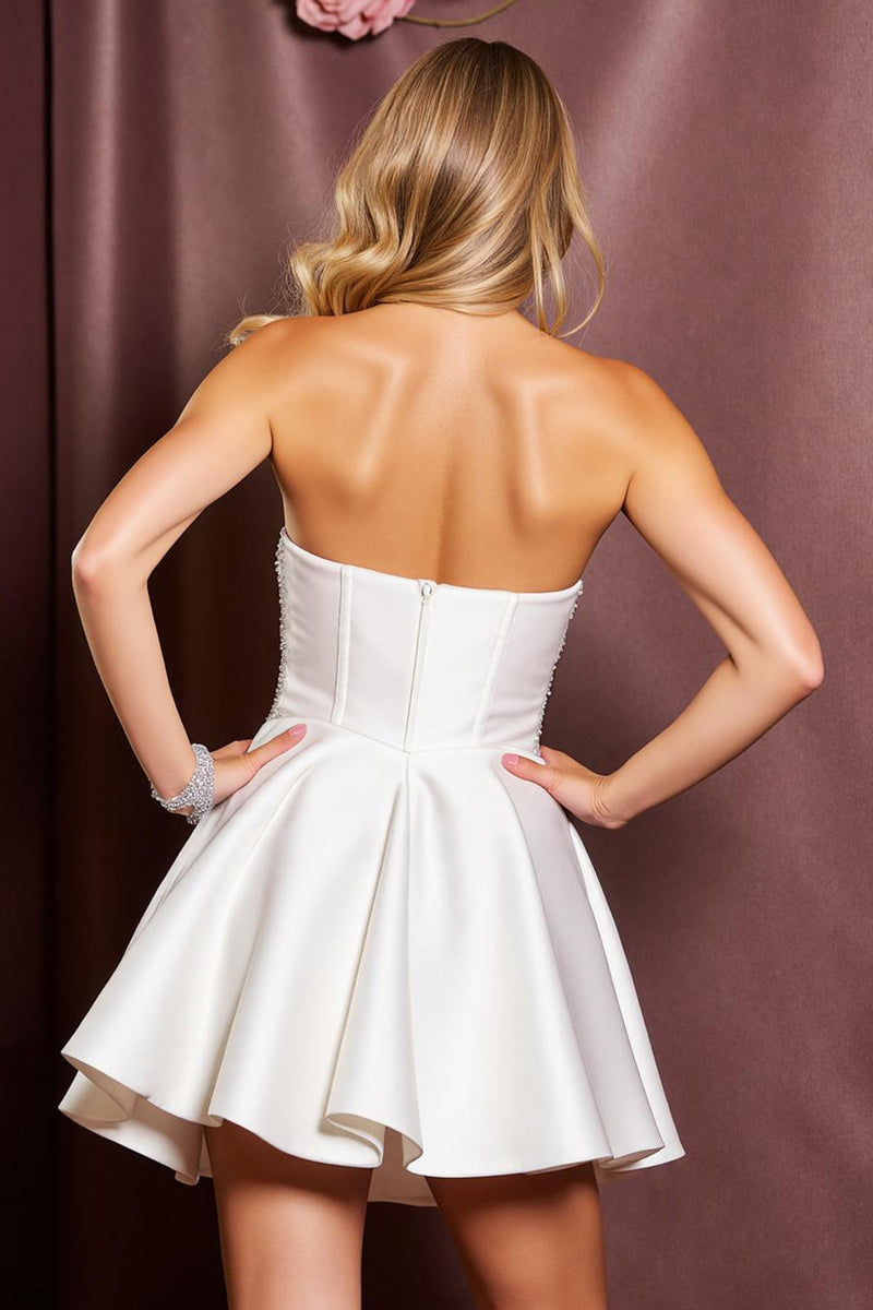 Load image into Gallery viewer, Sparkly White Short Strapless Satin Homecoming Dress with Beading