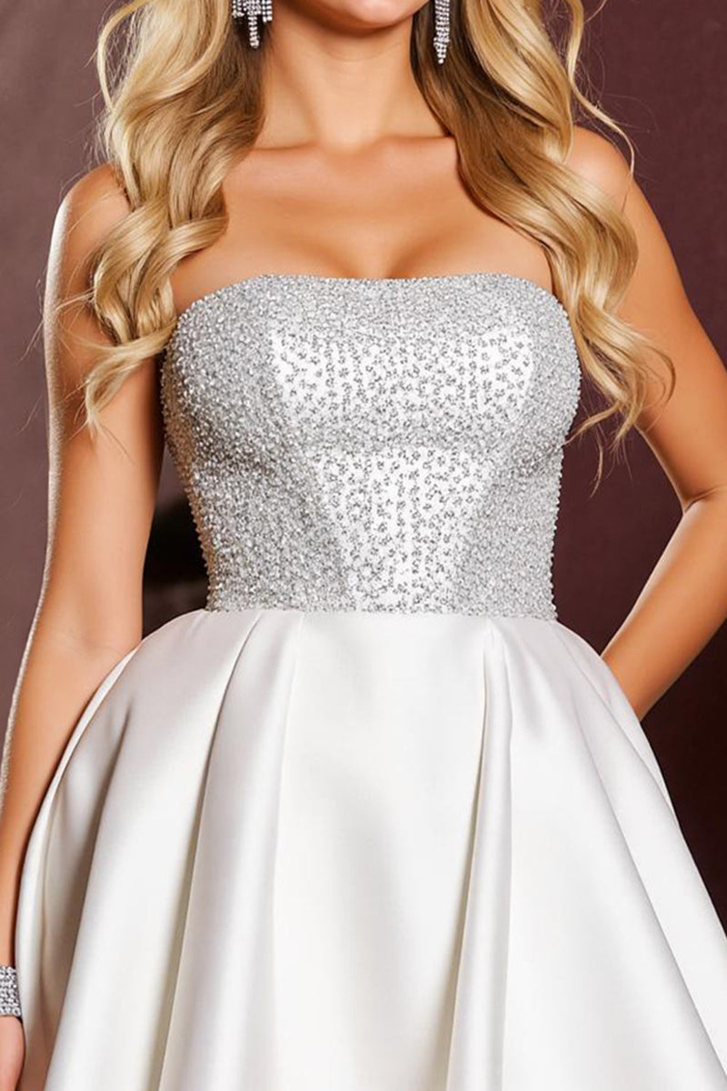 Load image into Gallery viewer, Sparkly White Short Strapless Satin Homecoming Dress with Beading