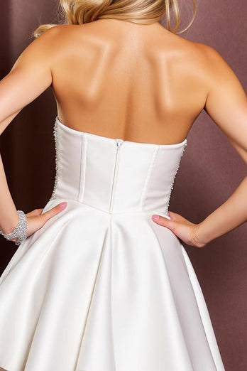 Sparkly White Short Strapless Satin Homecoming Dress with Beading