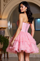 Load image into Gallery viewer, Sparkly Pink Short Sweetheart Ruffles Homecoming Dress with Beaded