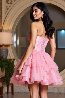 Sparkly Pink Short Sweetheart Ruffles Homecoming Dress with Beaded