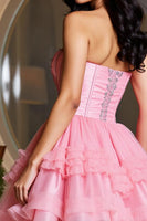 Load image into Gallery viewer, Sparkly Pink Short Sweetheart Ruffles Homecoming Dress with Beaded