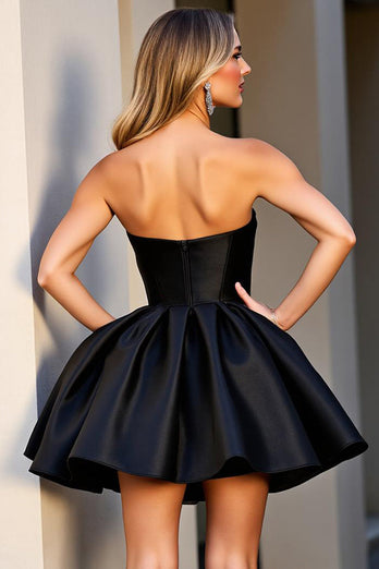Sparkly Black A Line Satin Sweetheart Short Corset Homecoming Dress with Beading
