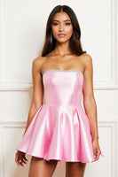 Load image into Gallery viewer, Sparkly Pink Strapless Satin Beading Homecoming Dress with Short