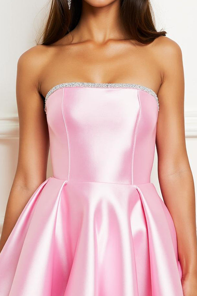 Load image into Gallery viewer, Sparkly Pink Strapless Satin Beading Homecoming Dress with Short