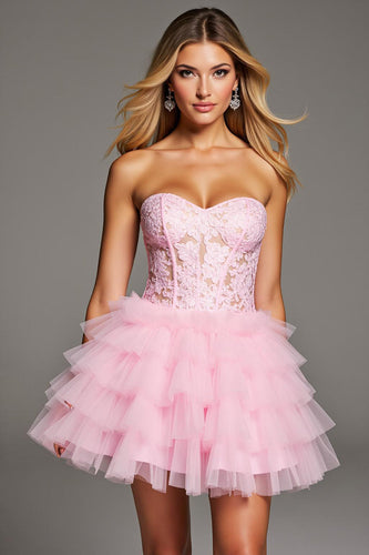 Pink Short Sweetheart Corset Ruffled Homecoming Dress with Lace