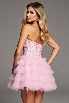 Pink Short Sweetheart Corset Ruffled Homecoming Dress with Lace