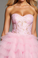 Load image into Gallery viewer, Pink Short Sweetheart Corset Ruffled Homecoming Dress with Lace