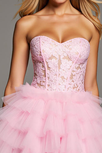 Pink Short Sweetheart Corset Ruffled Homecoming Dress with Lace