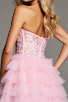 Load image into Gallery viewer, Pink Short Sweetheart Corset Ruffled Homecoming Dress with Lace