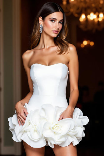 White Floral Strapless Short Tight Satin Homecoming Dress