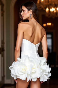 White Floral Strapless Short Tight Satin Homecoming Dress